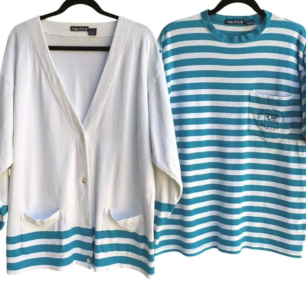 Nautica Vintage 80s Yacht Oversized White‎ Teal Striped Preppy Cardigan Shirt L